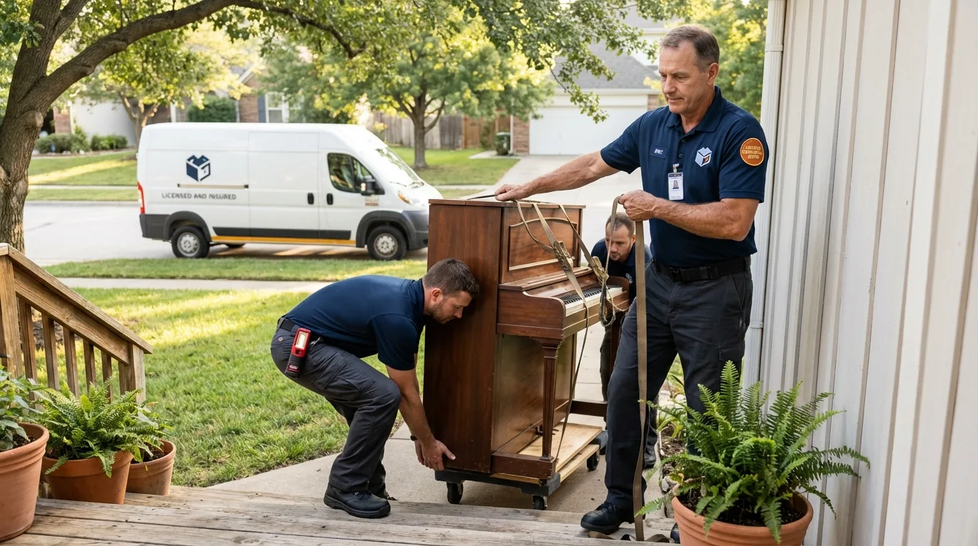 Licensed piano movers securing grand piano in Port Charlotte, FL