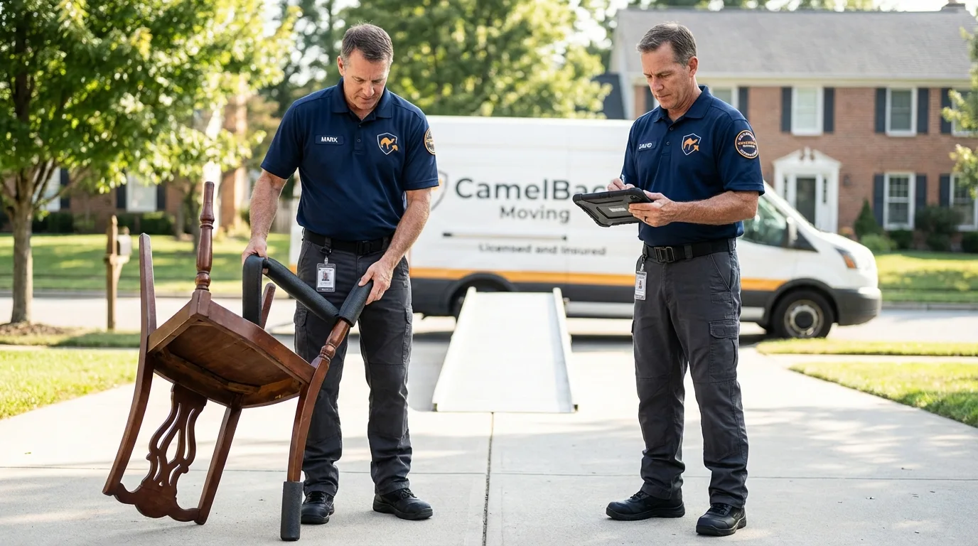 Movers inspecting furniture for damage prevention before loading in Port Charlotte, FL