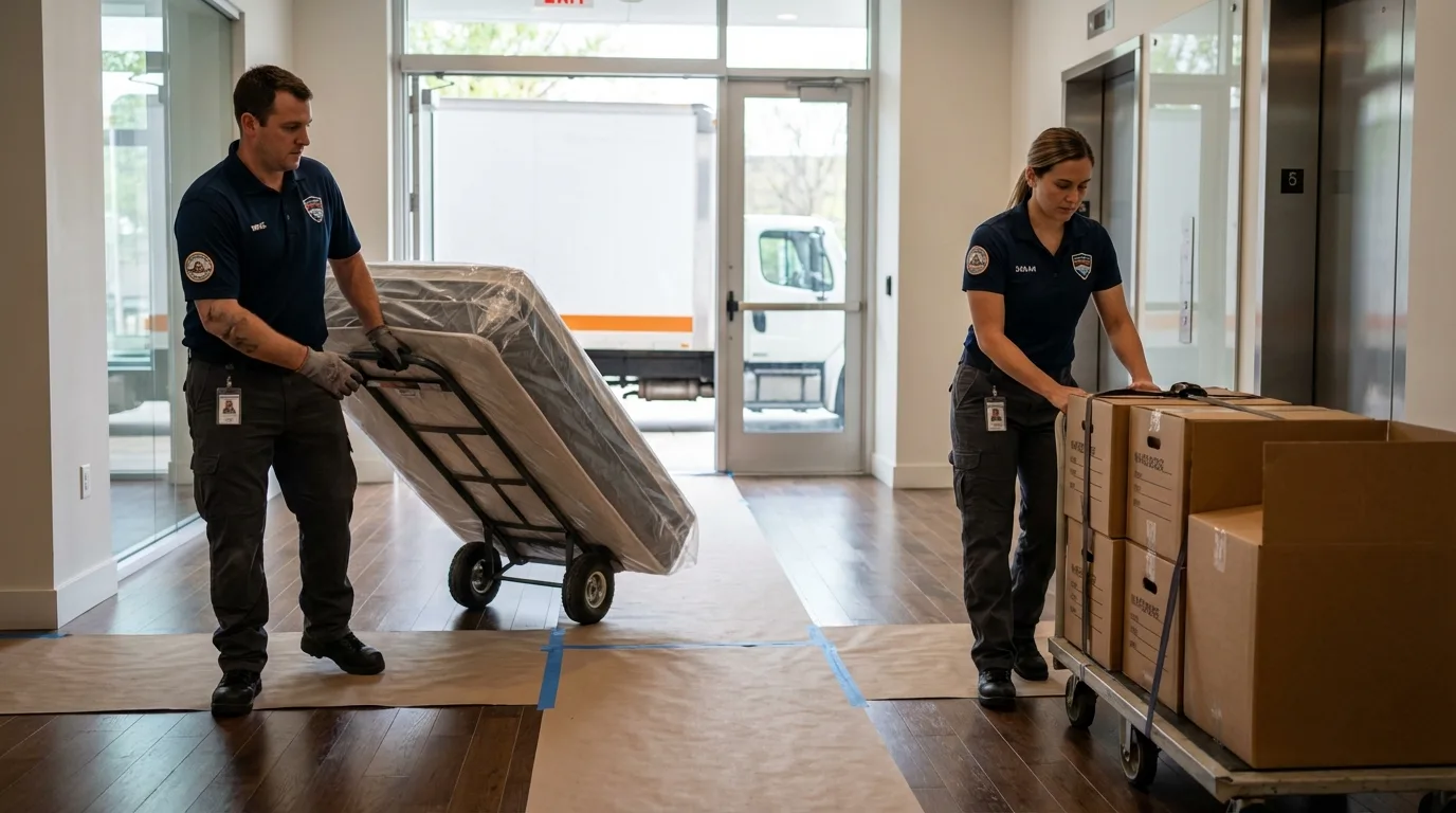 Professional apartment movers loading elevator in Port Charlotte, FL