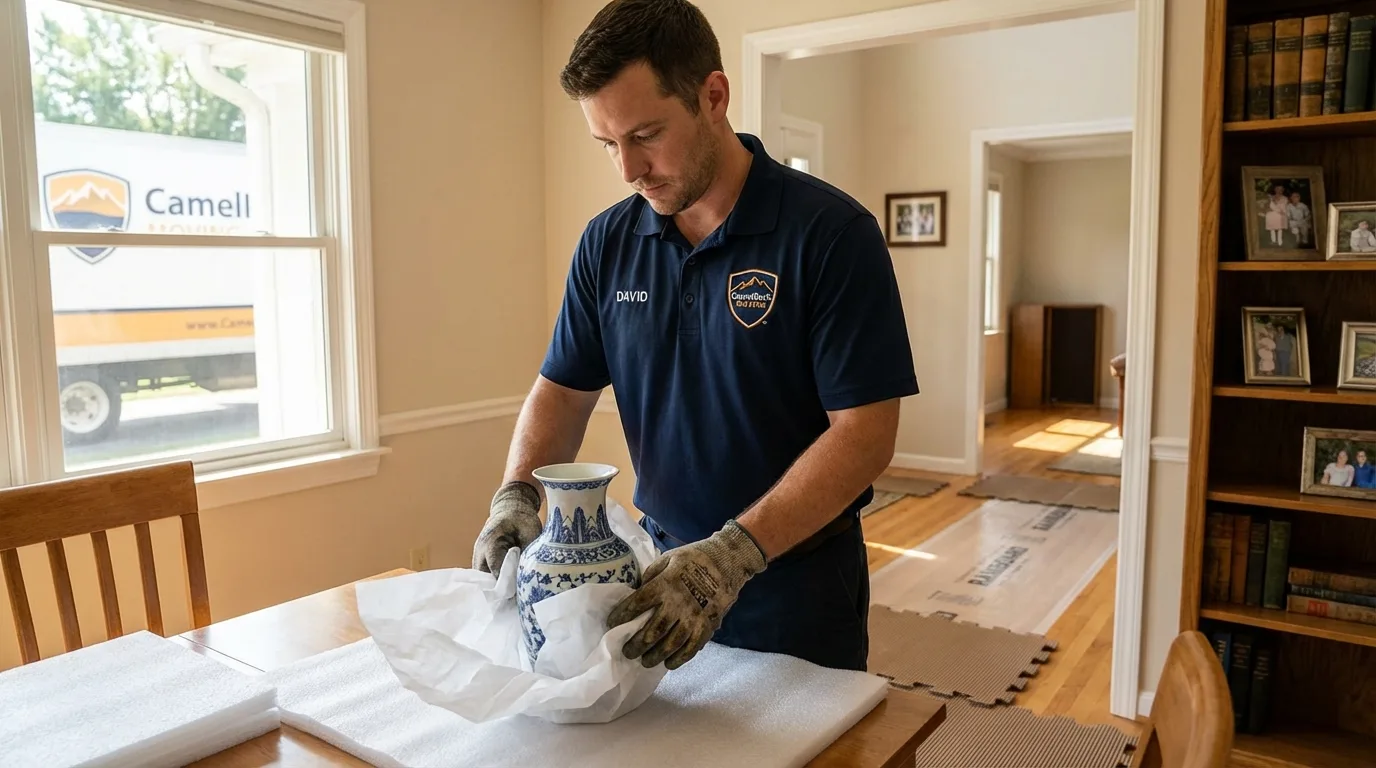 Professional crew carefully wrapping antique vase for senior downsizing move in Port Charlotte, FL